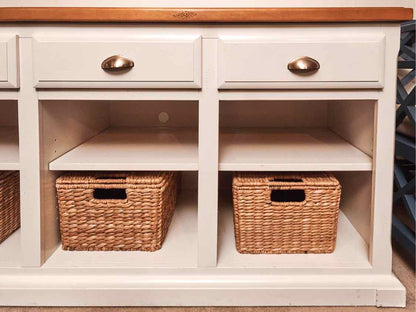 White Media Furniturewith Maple Top with 3 Drawers & 3 Cubbies