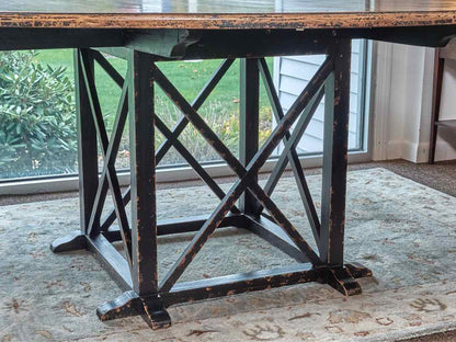 Distressed Finish Oak Round Black Finish Base Dining Table