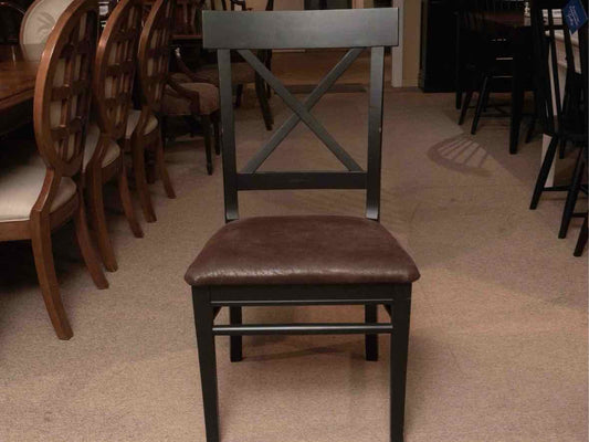 Set Of Arhaus 4 Black Finish Acacia Wood X Back Faux Leather Seat  Dining Chairs