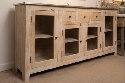 Zinc Wrapped Distressed Cream Finish 4 Glass  Doors 3  Drawers  Sideboard