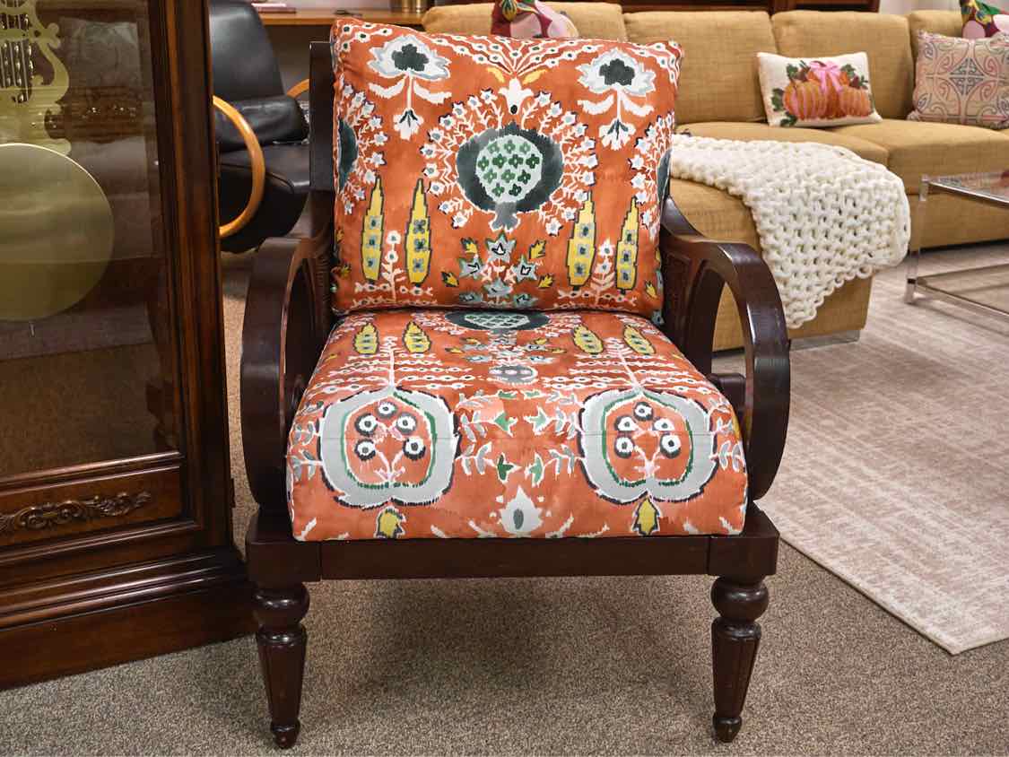 British Colonial Style Arm Chair with Thibaut Mendoza Suzani Fabric