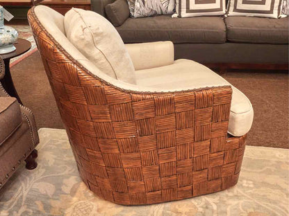 Pair Of Tommy Bahama 'Nagano '' Rattan & Stripe Upholstered Swivel Chairs