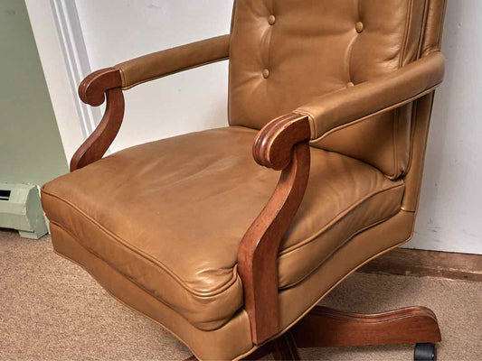 Ethan Allen Tan Leather Arm  Office Chair On Wheels