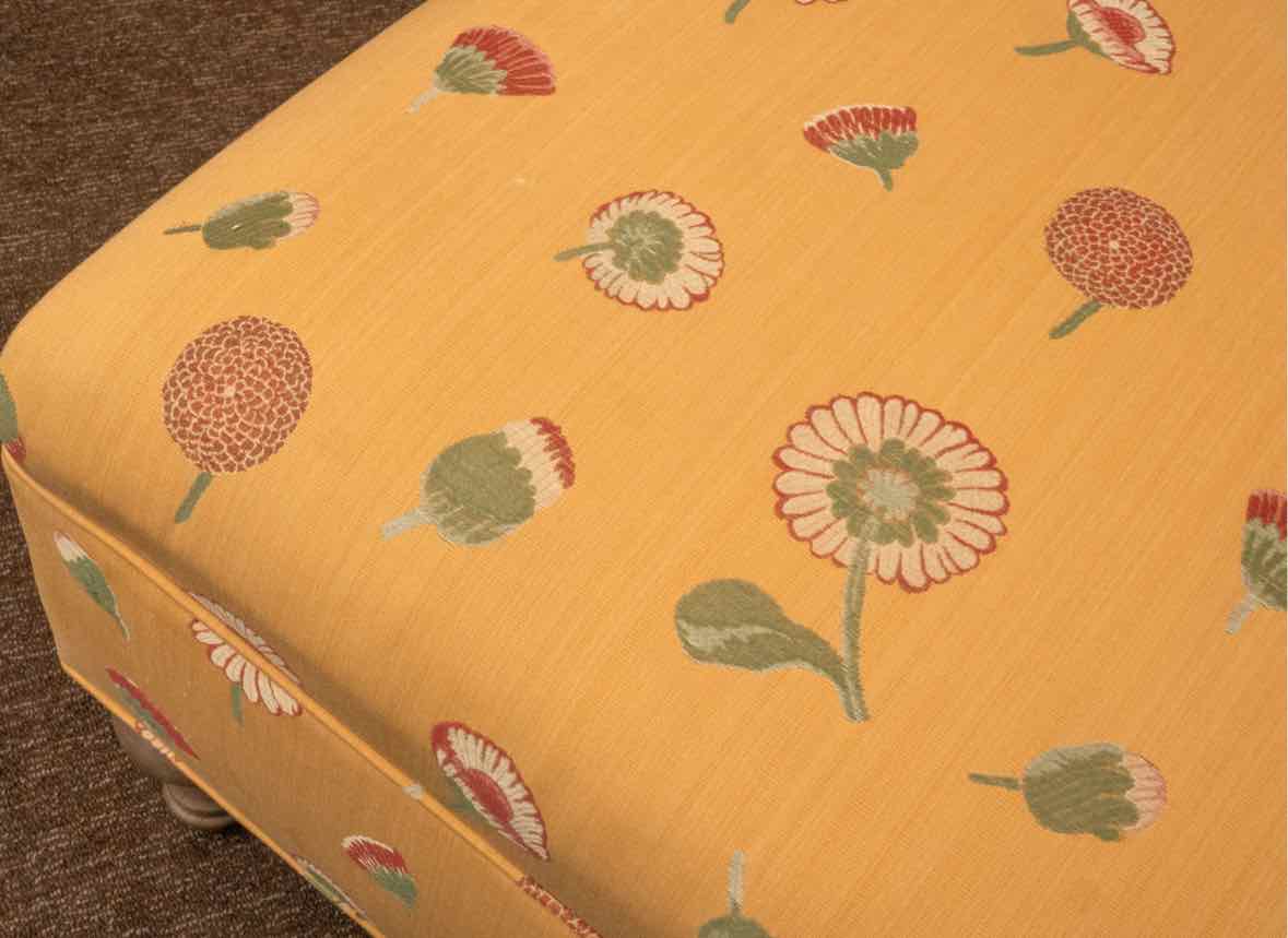 Yellow Upholstered With Retro Floral Pattern Turned Wooden Legs Ottoman