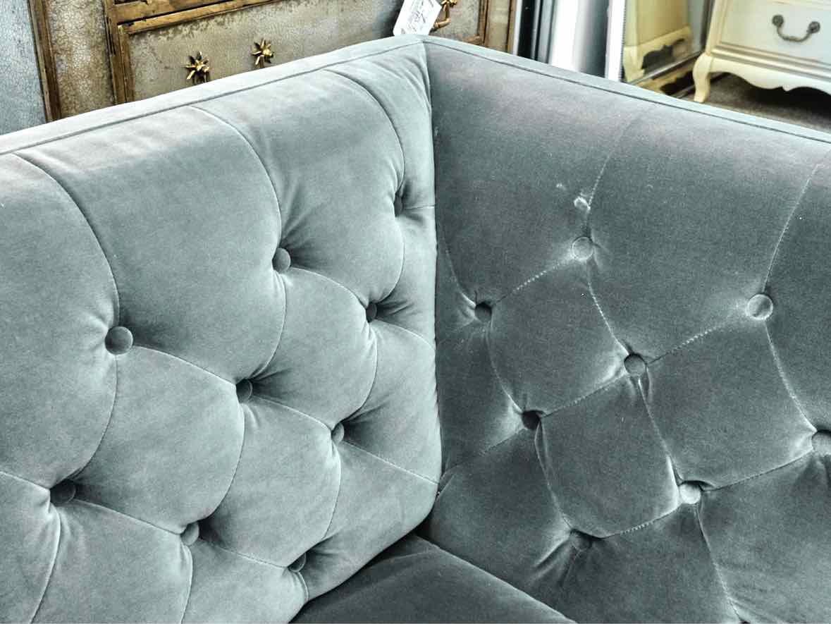 CB2 Tufted 104" Sofa in Steel Grey Velvet on Chrome Legs