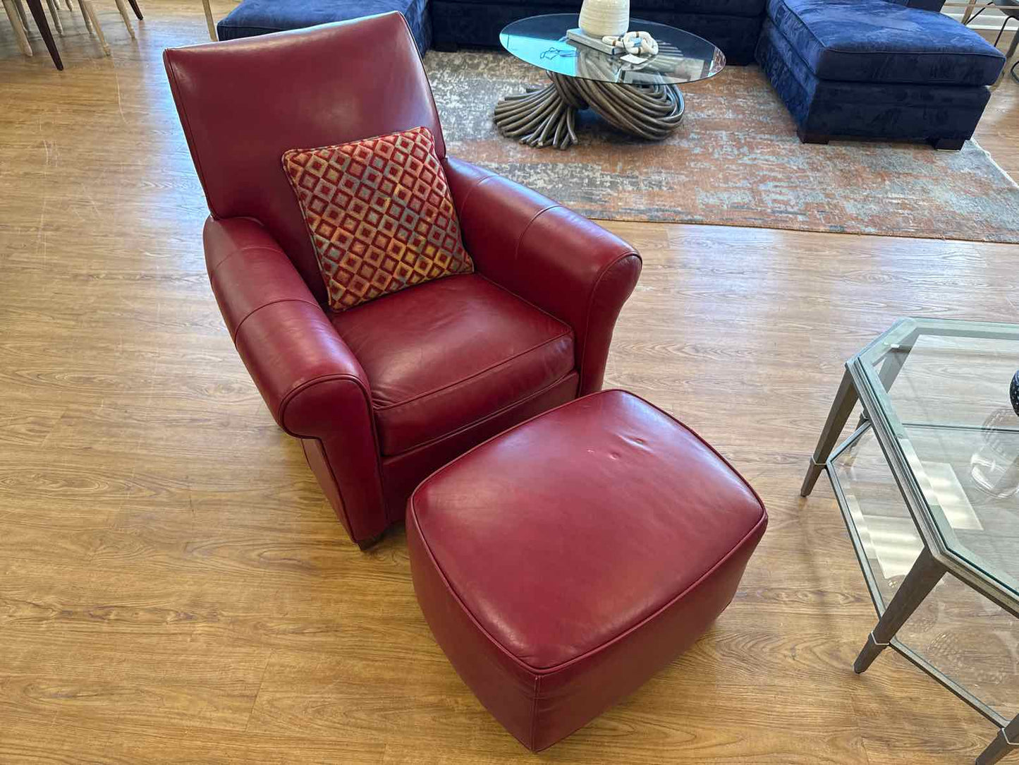 Ethan Allen Crimson Leather Arm Chair & Ottoman