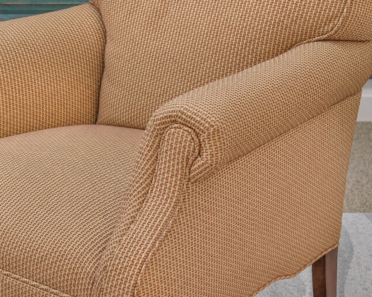 Pair of Lee Jofa  Beige & Rust Roll Arm Club Chairs on Turned Legs