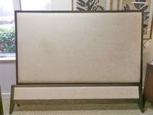 RH " Cayden Campaign" Stone Upholstered King Bed with Espresso Wood Trim