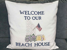 Welcome To Our Beach House Embroidered On White Linen Accent Pillow