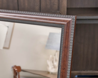 Dark Wood Framed Mirror W/ Black Beaded Trim