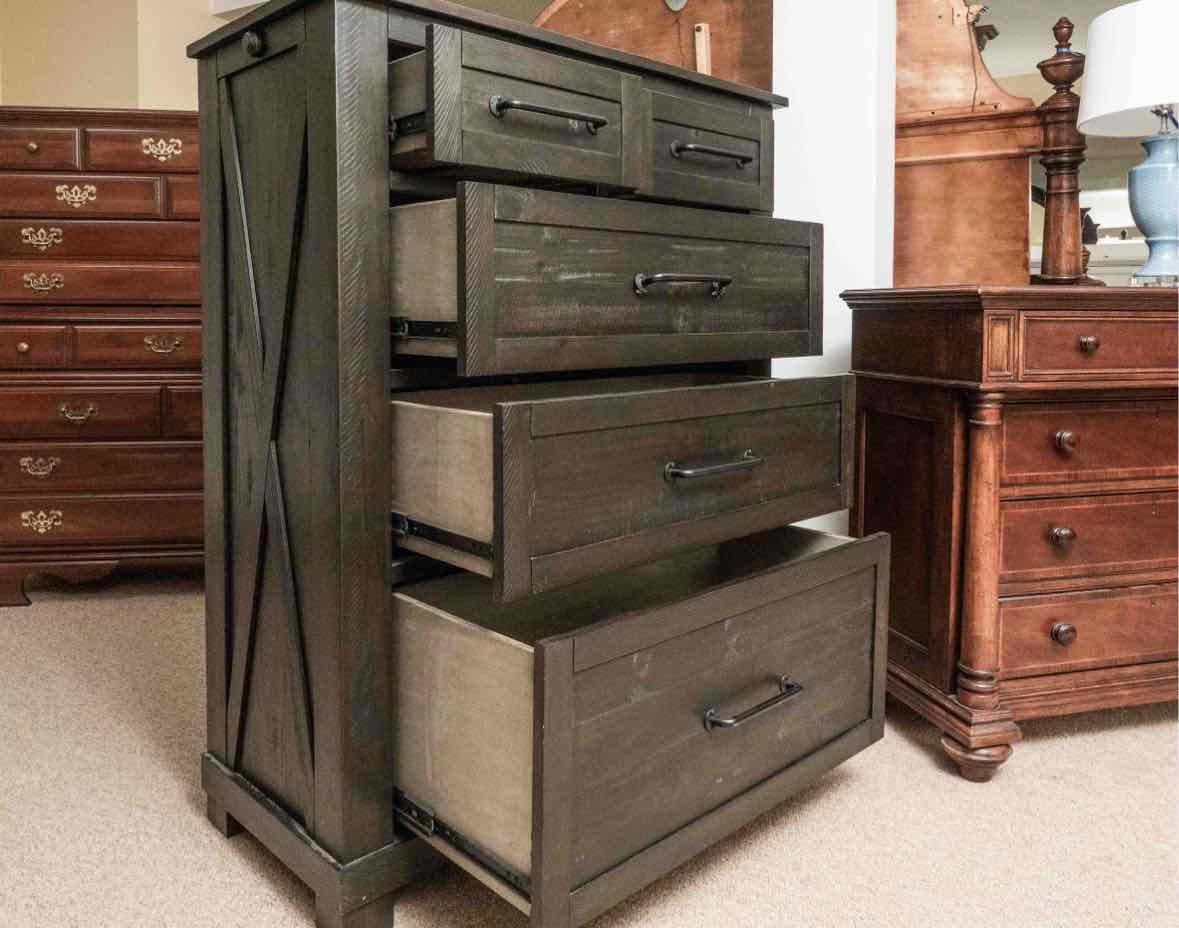 Espresso Finish Plank 2 Over 3 Drawer Chest with Metal Handle Pulls