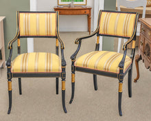 Pair of Regency Ebonized Arm Chairs with Gold Trim & Striped Yellow Silk