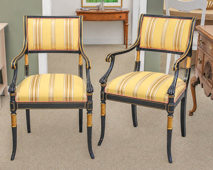 Pair of Regency Ebonized Arm Chairs with Gold Trim & Striped Yellow Silk