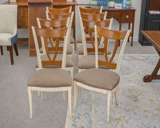 Set of 8 Dining Chairs in Cherry & White Finish with Upholstered Seats