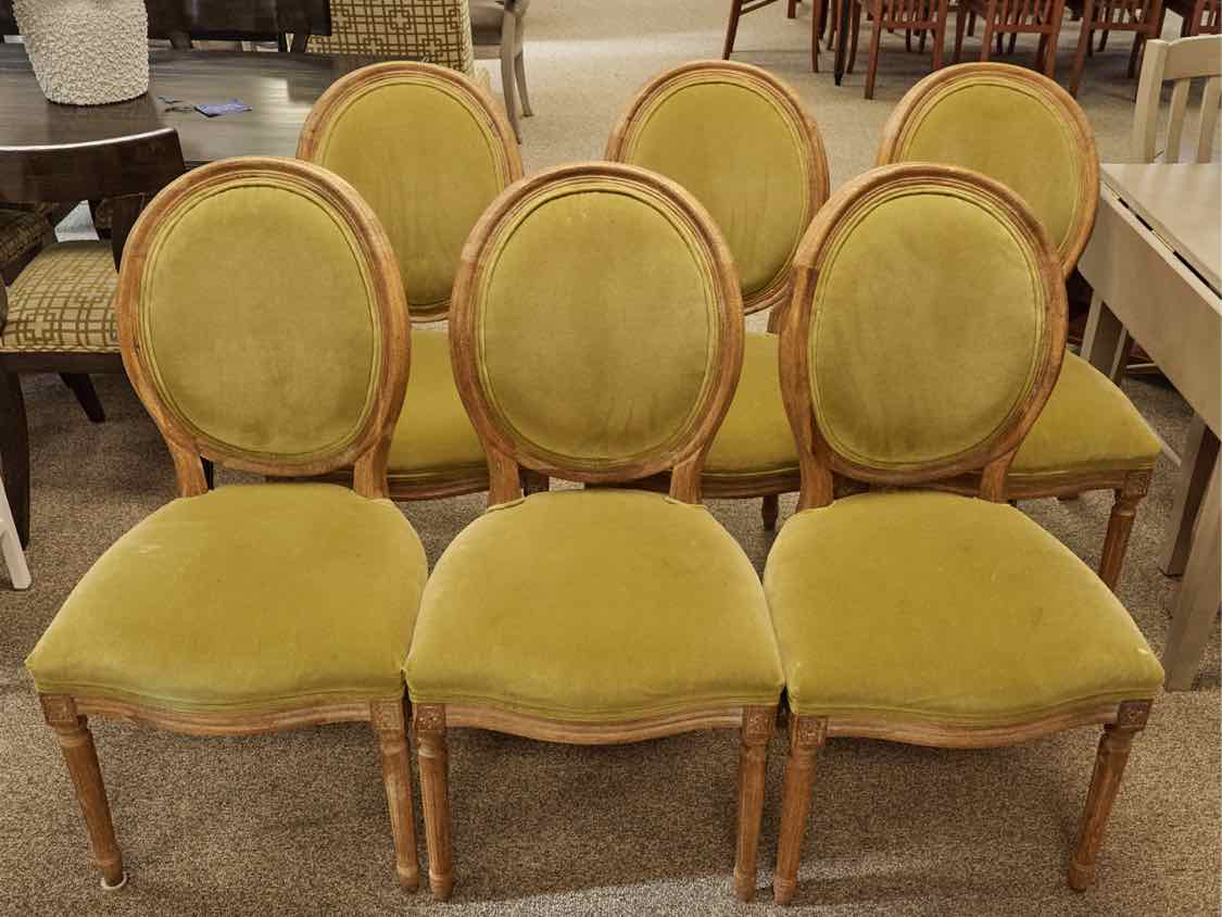 Set of 6 French Style Oval Back Dining Chairs in Avocado Velvet on Drifted Frame