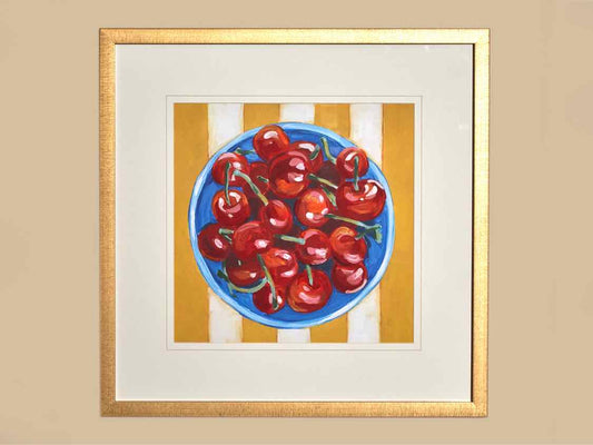 'Table Cherries I' Art Print Under Glass Matted In Gold Frame