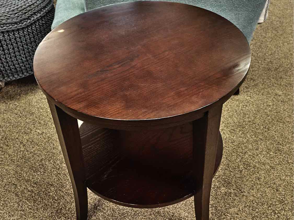 Ethan Allen Round Side Table with Shelf in Espresso Finish Oak