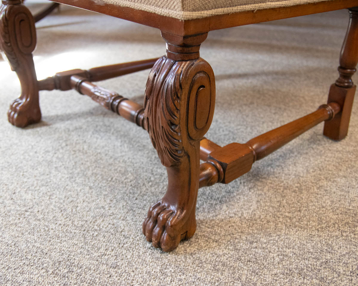 Pair of  Upholstered Burlap  Host & Hostess Carved Arm Dining Chairs
