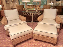 Pair Of  Ethan Allen  Seagrass Rolled Arms Chairs & Ottomans