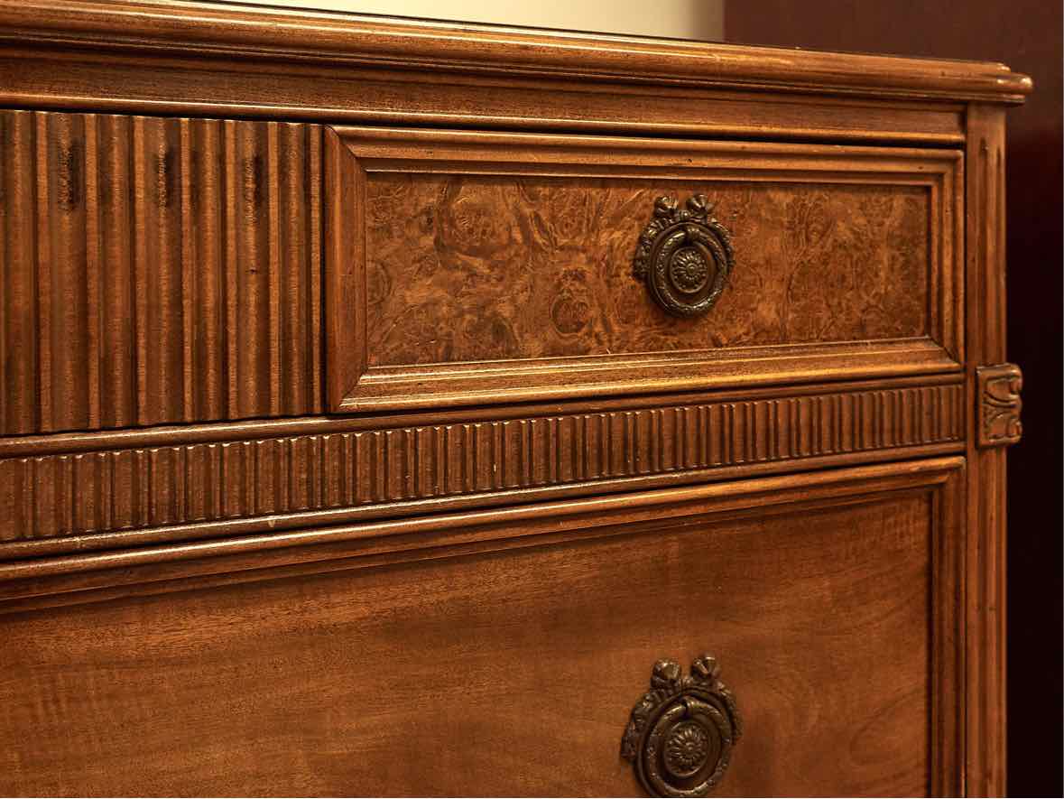 Walnut 3 Drawer Dresser with Burled Wood & Carving