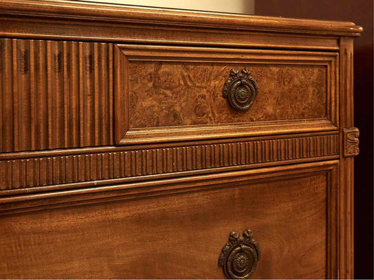 Walnut 3 Drawer Dresser with Burled Wood & Carving