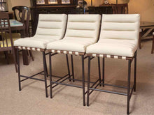 Set Of 3 Perrone  Ivory Leather Metal Frame Counter Stools