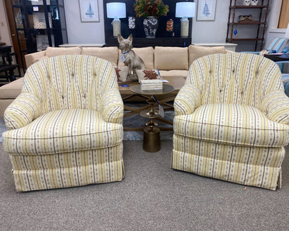 Pair of Lee Industries Striped Floral Upholstered Swivel Chairs