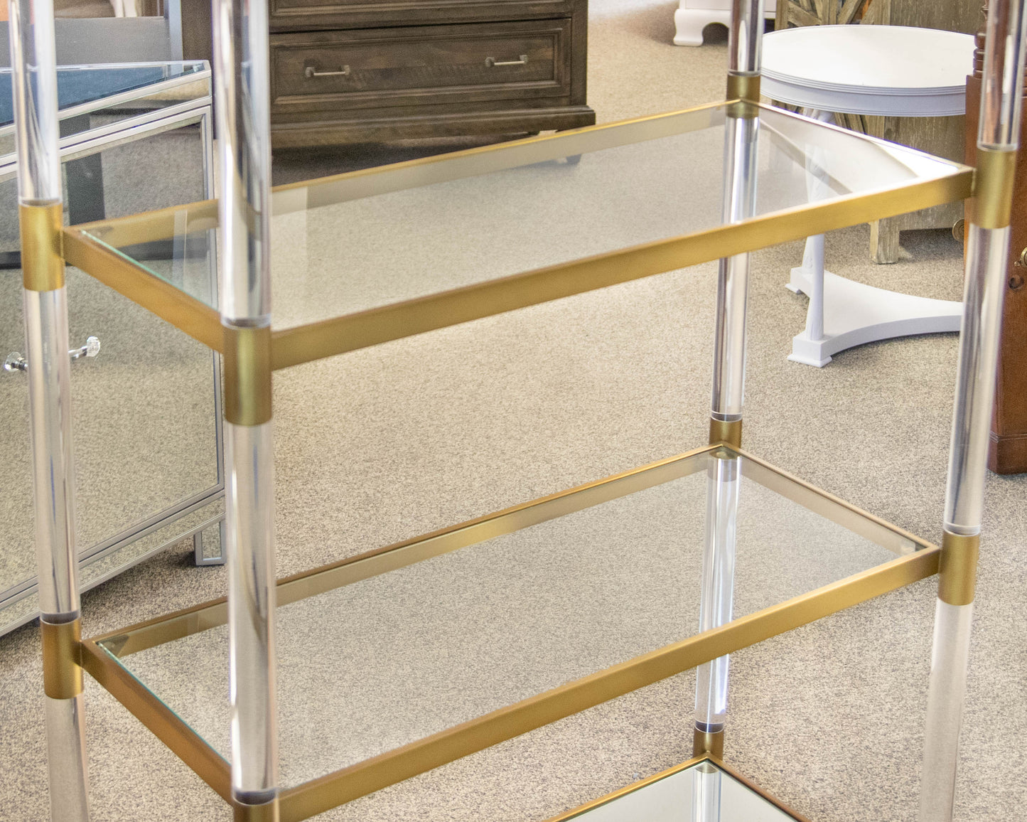 Anthropologie 'Oscarine' Lucite & Brass Finish  Bookcase with 4 Glass Shelves