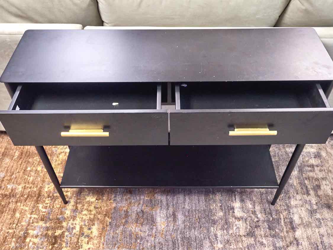 Williams Sonoma Black Metal 2 Drawer Console with Brushed Gold  Pulls