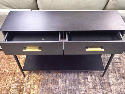 Williams Sonoma Black Metal 2 Drawer Console with Brushed Gold  Pulls