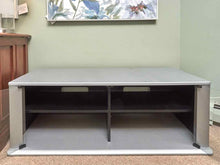 Tech Craft TV Media Console In Gray Finish Smoked Glass Doors
