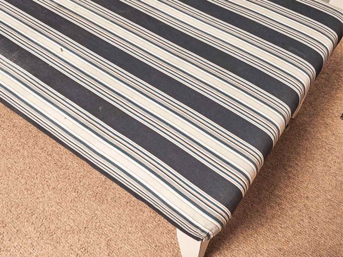 Blue Striped Fabric White Finish Legs Ottoman