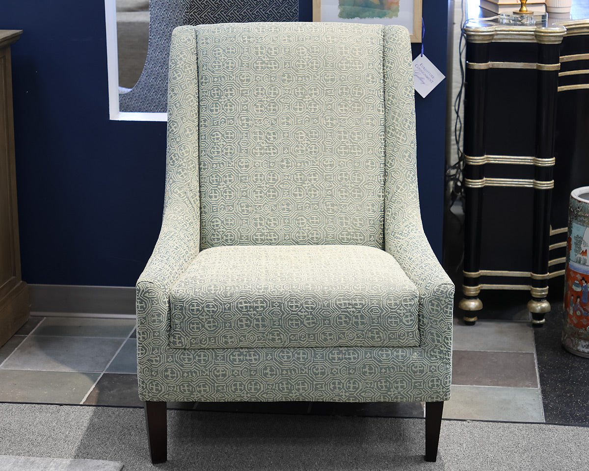 Slope Arm Tightback Chair in Sage Green & Ivory Geometric Fabric