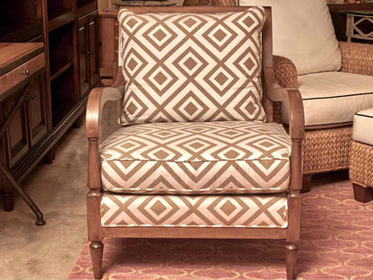 Vanguard Stained Ash Arm  Chair With Tan & Cream Design Upholstered Cushions
