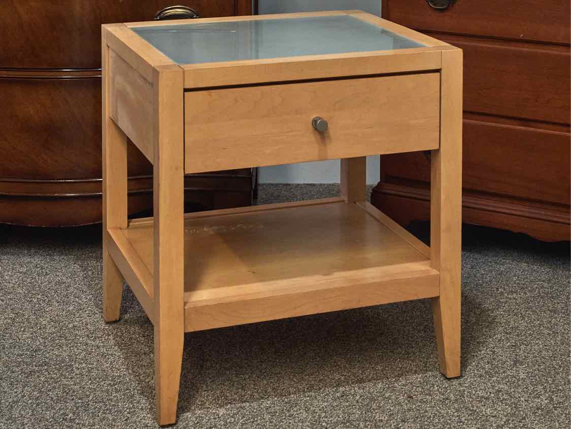 Pair of Baronet Nightstands in Maple with Glass Top & Brushed Nickel Pulls