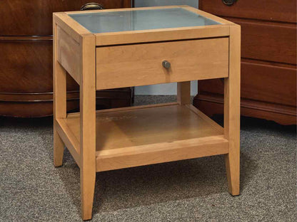 Pair of Baronet Nightstands in Maple with Glass Top & Brushed Nickel Pulls