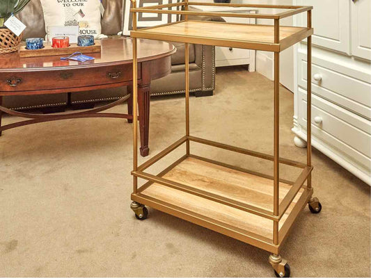 Faux Antique Bronze Bar Cart  with Wood Shelf on Wheels