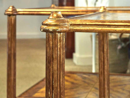 Pair of Gilded Square Side Tables on Casters with Decorative Top and Shelf