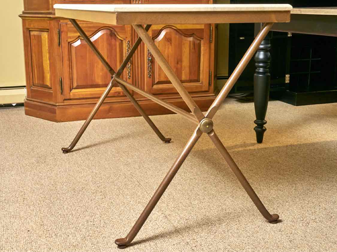 Crate & Barrel Bronze Finish Iron Dining Table with Limestone Top