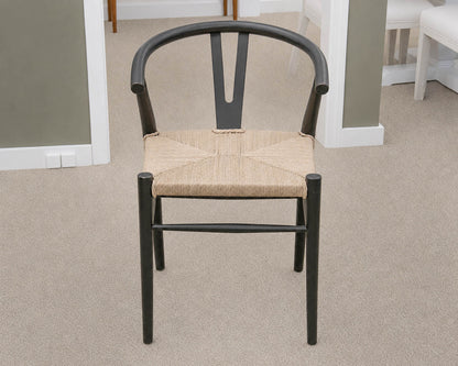 Pair of Reproduction Wishbone Dining Chairs in Black with Rush Seats