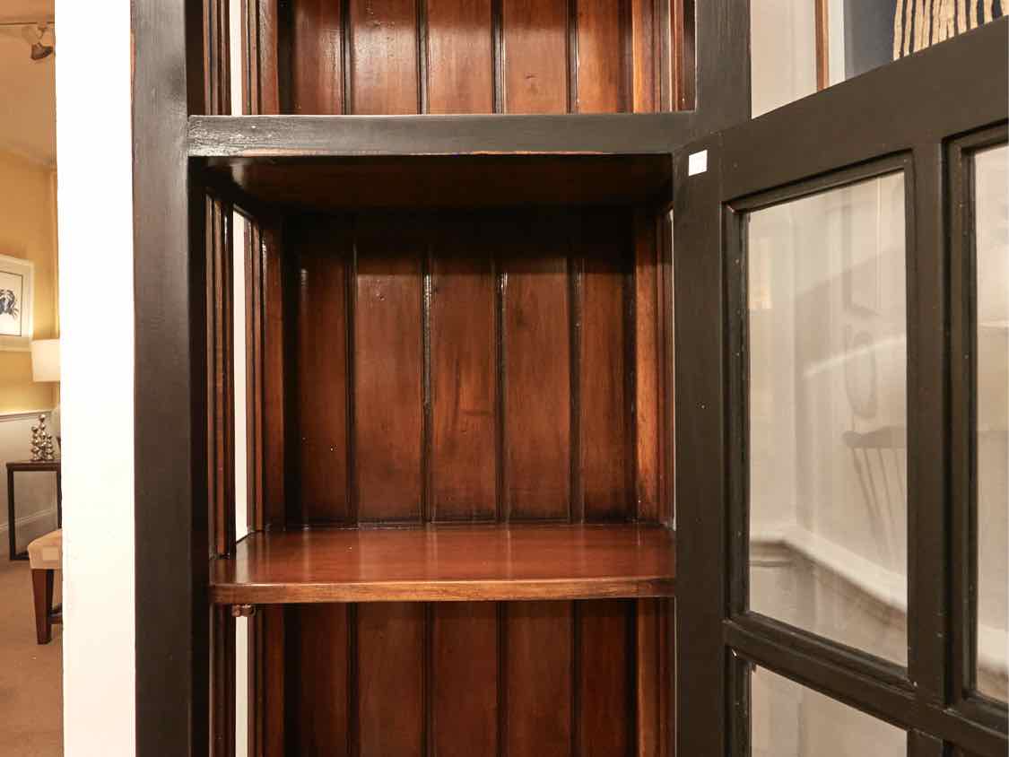 Distressed Black Finish Glass Door & Sides 4 Shelf Display Cabinet