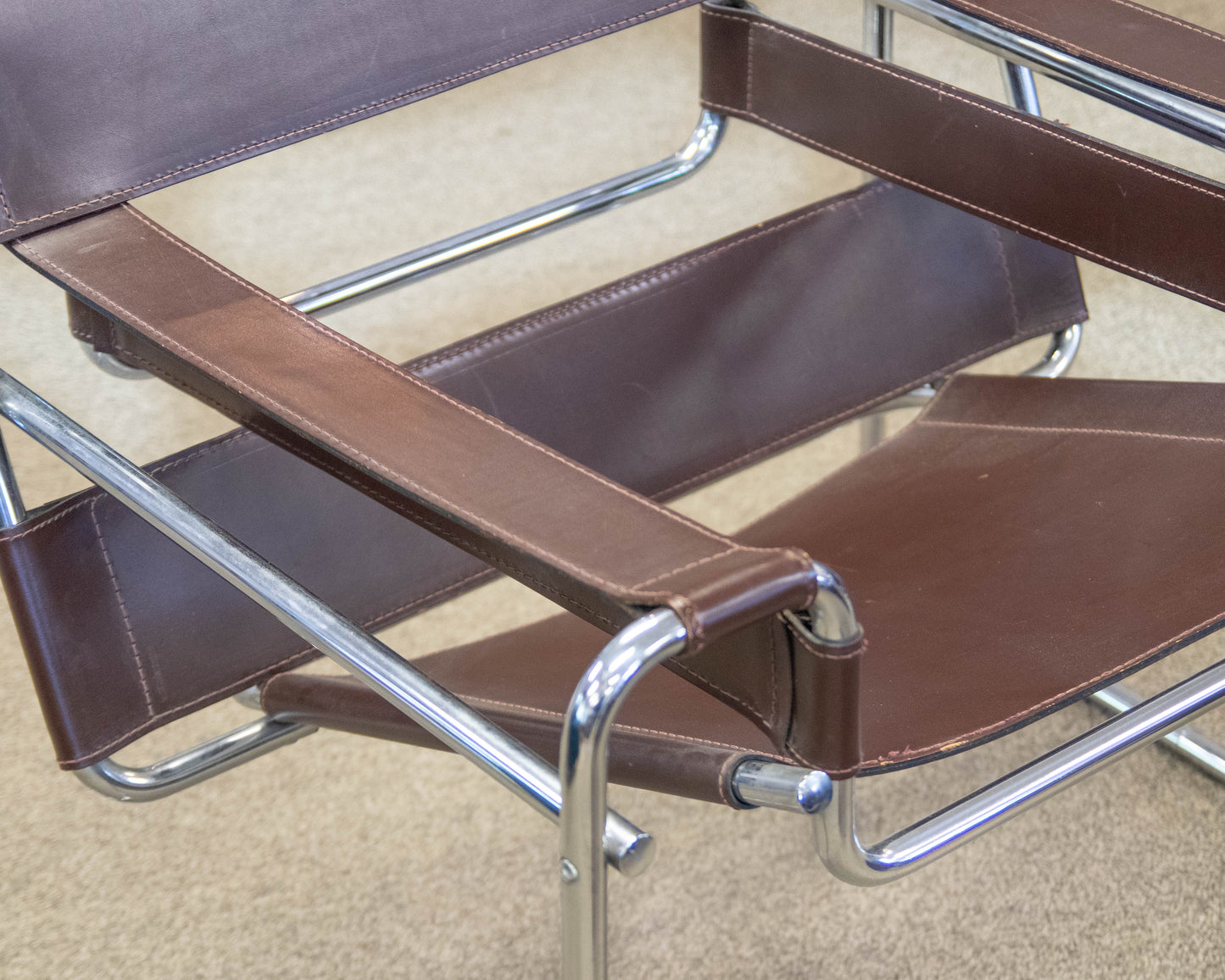 Pair Of "Wassily Style" Brown Leather Sling Back Chairs On Tubular Chrome Frame