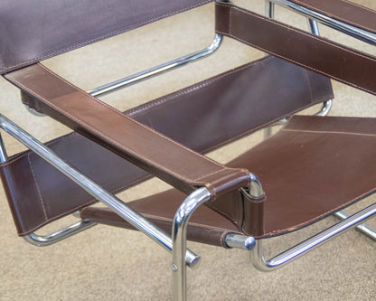 Pair Of "Wassily Style" Brown Leather Sling Back Chairs On Tubular Chrome Frame