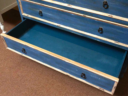 Custom Blue & Cream  Distressed Finish  6 Drawer  Dresser