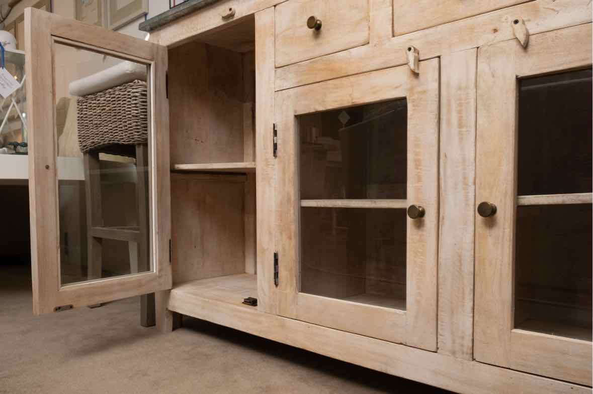 Zinc Wrapped Distressed Cream Finish 4 Glass  Doors 3  Drawers  Sideboard
