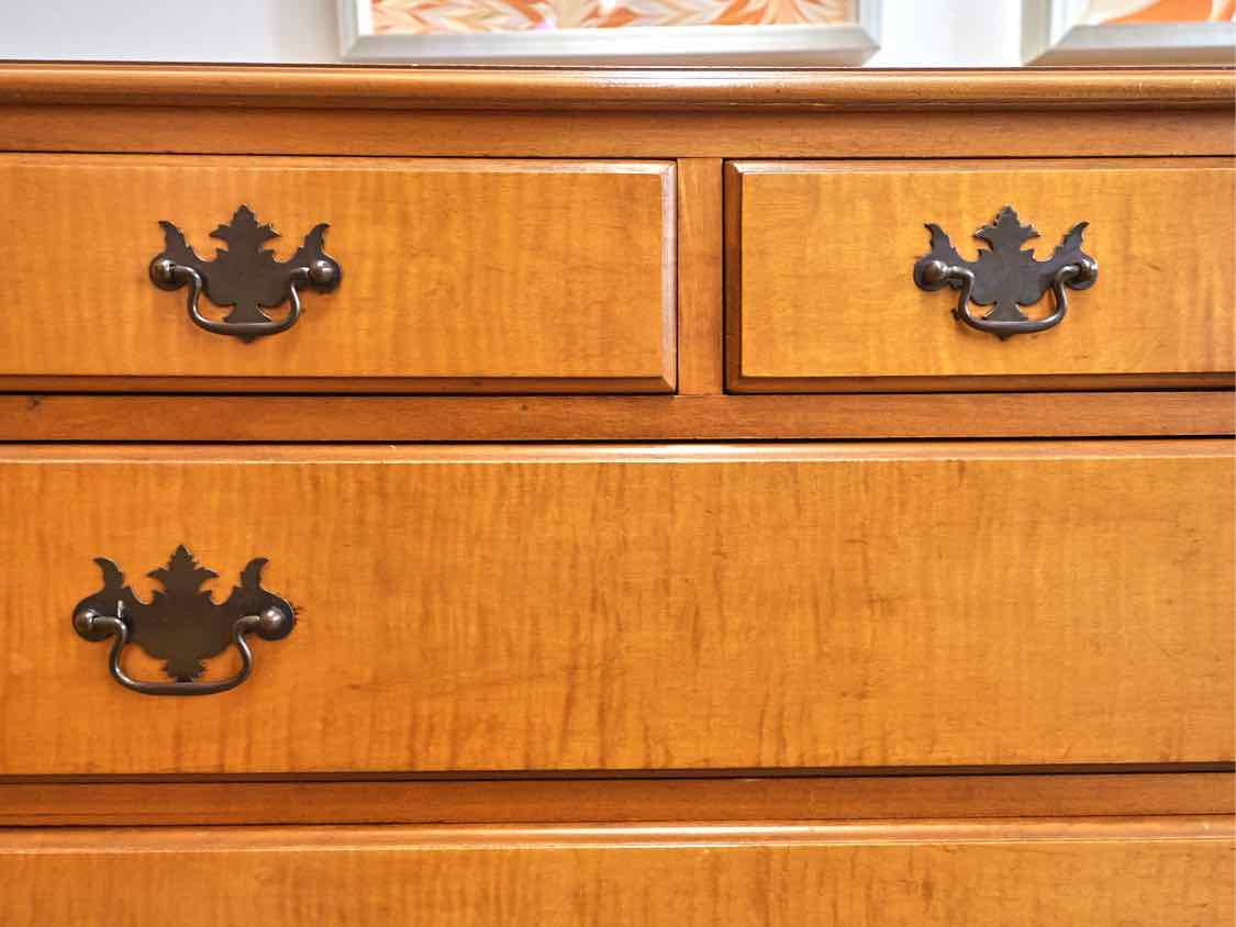Tiger Maple 6 Drawer Dresser with Chippendale Handles