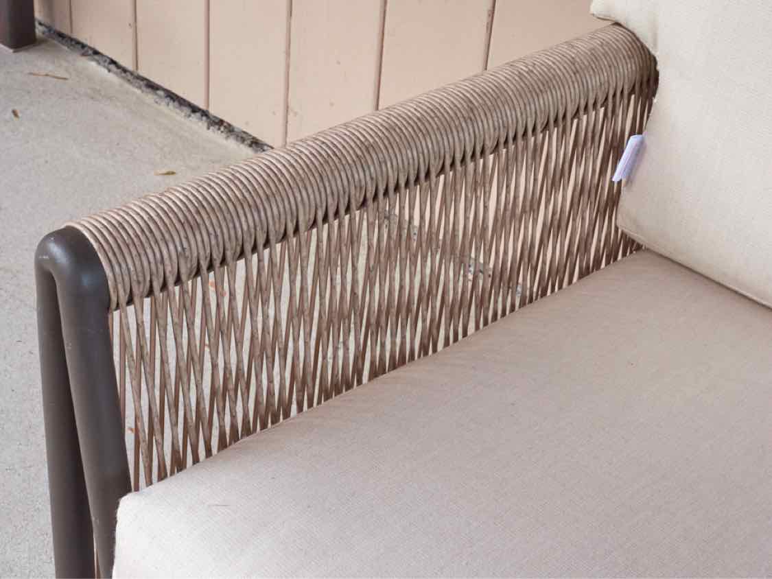 Pair of Tan Weave Arm Chairs & Matching Round Side Table