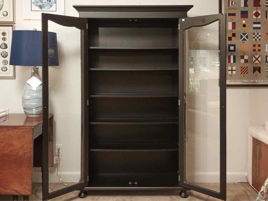 Two Glass Door 5 Shelf Black Finish Bookcase Cabinet