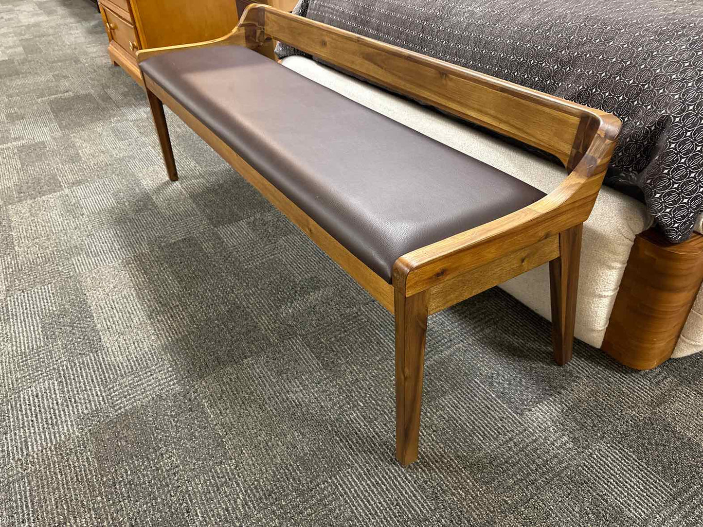 Walnut Bench With Chocolate Leather Seat