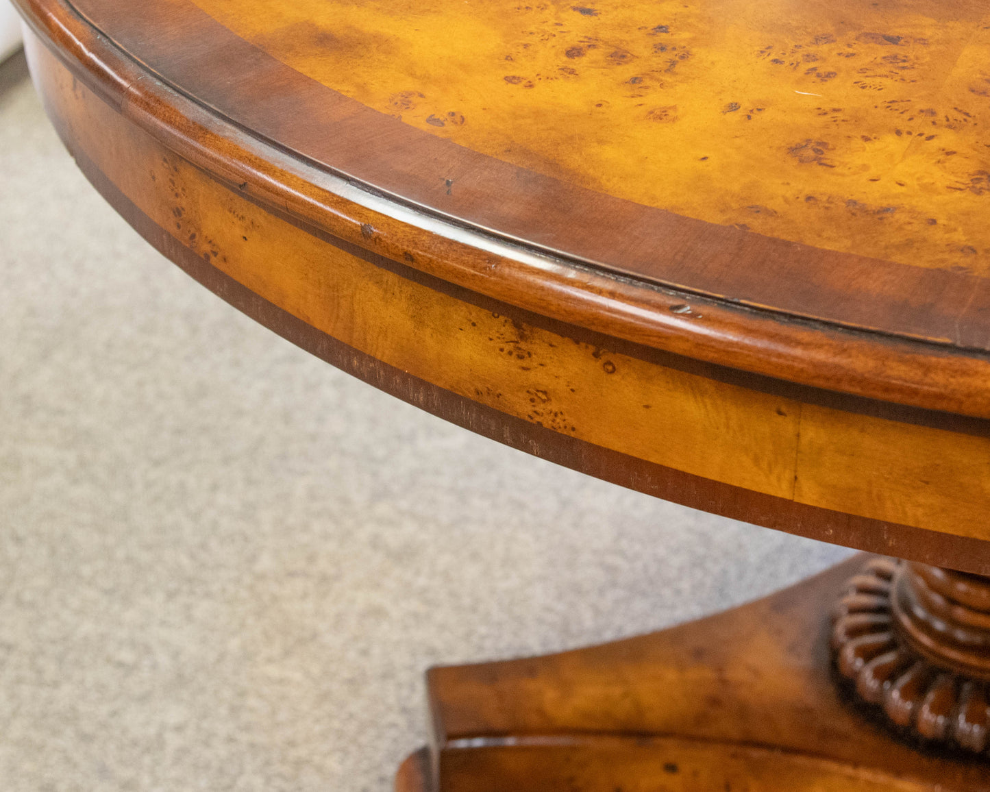 Burlwood Inlaid Round Pedestal Dining Table & Set of 4 Carved Inlaid Armchairs